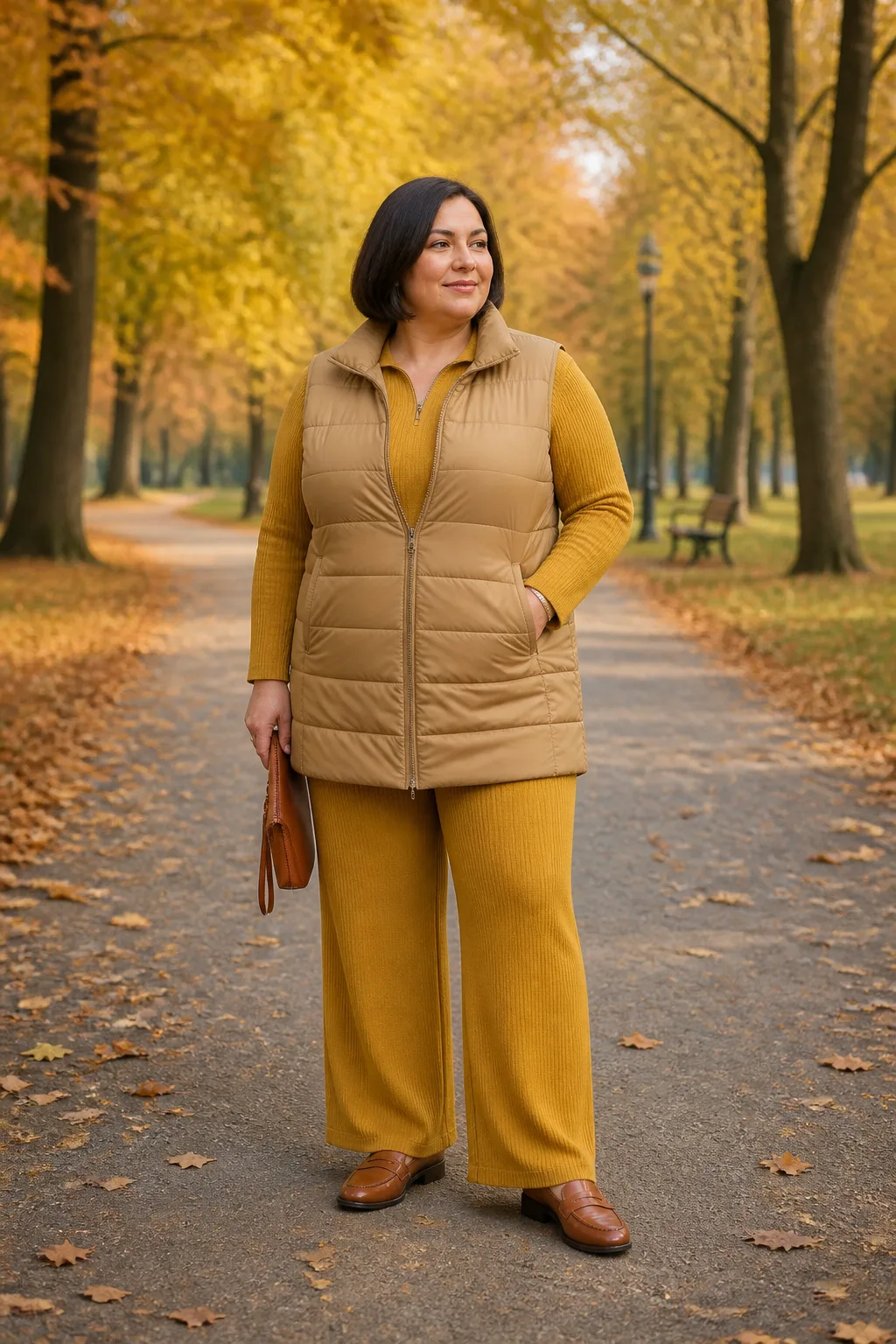 Plus Size Mustard Knit Co-Ord Set With Longline Vest Outfit