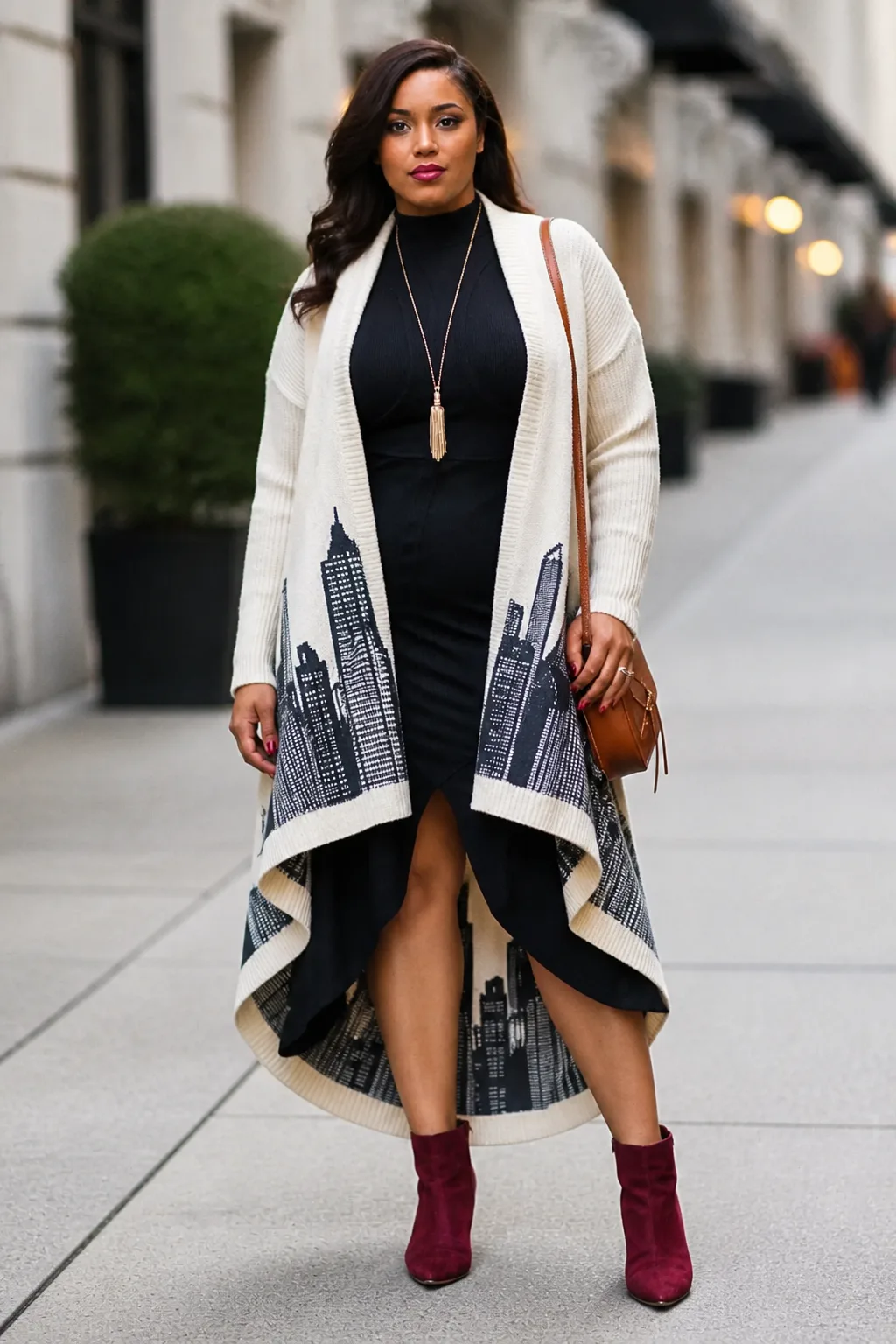 Plus Size New York Cardigan Coat and Fitted Dress Fall Outfit
