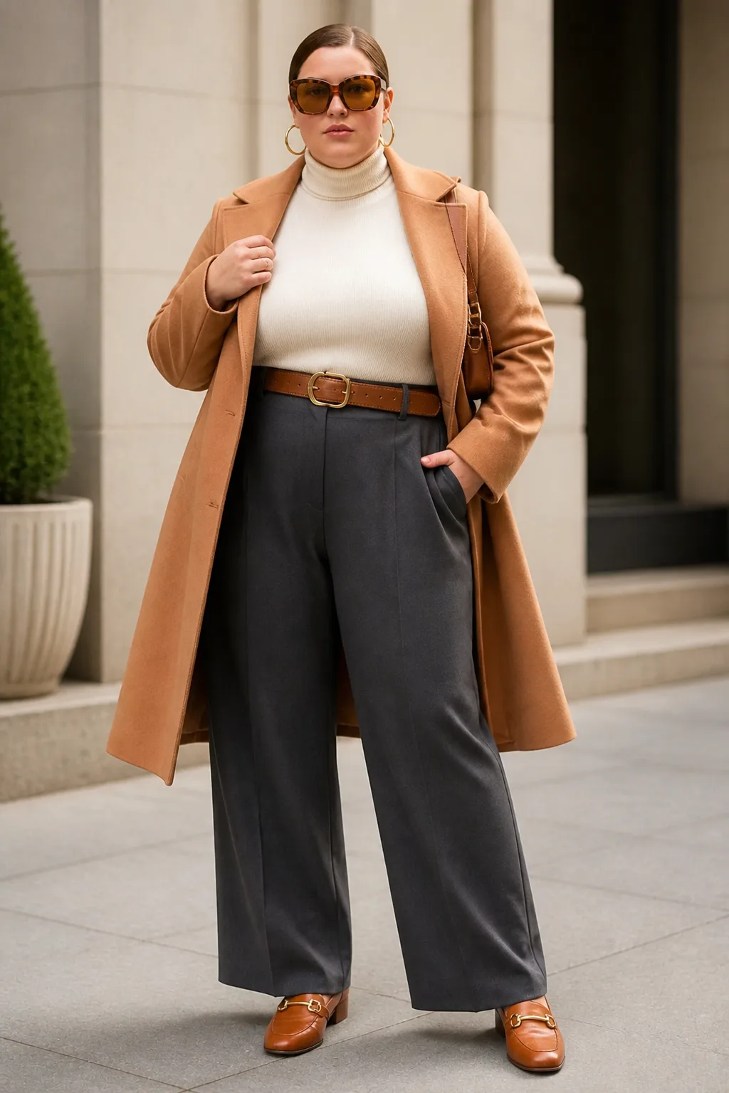 Plus Size New York Cashmere Turtleneck and Wide-Leg Trousers Fall Outfit