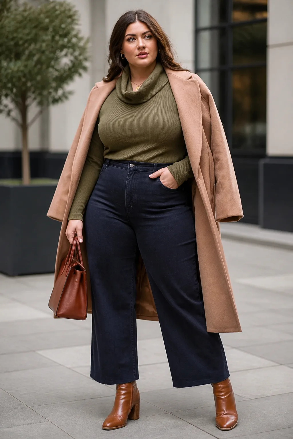 Plus Size New York Cowl Neck Sweater and Wide-Leg Jeans Fall Outfit