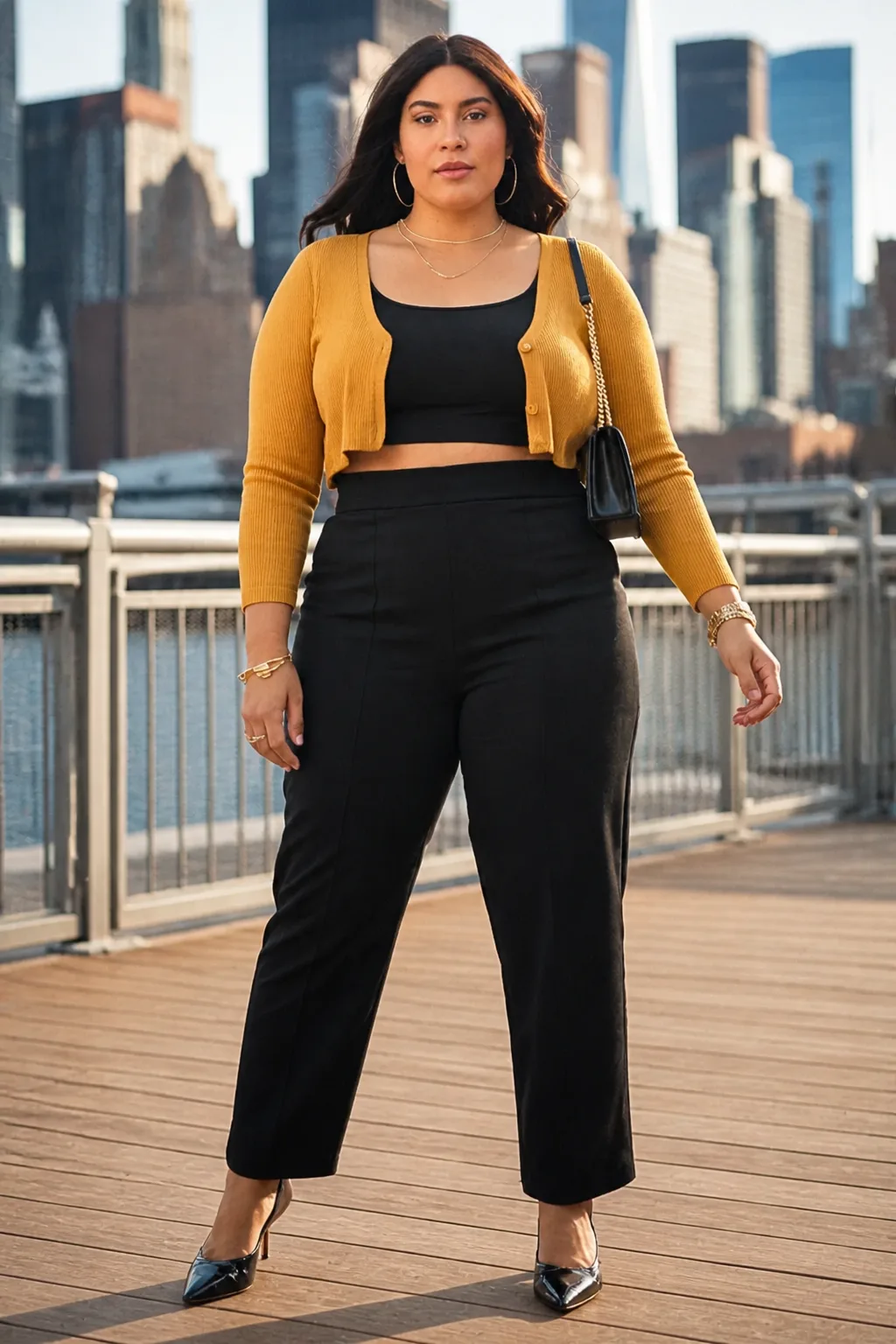 Plus Size New York Cropped Cardigan and High-Waisted Pants Fall Outfit