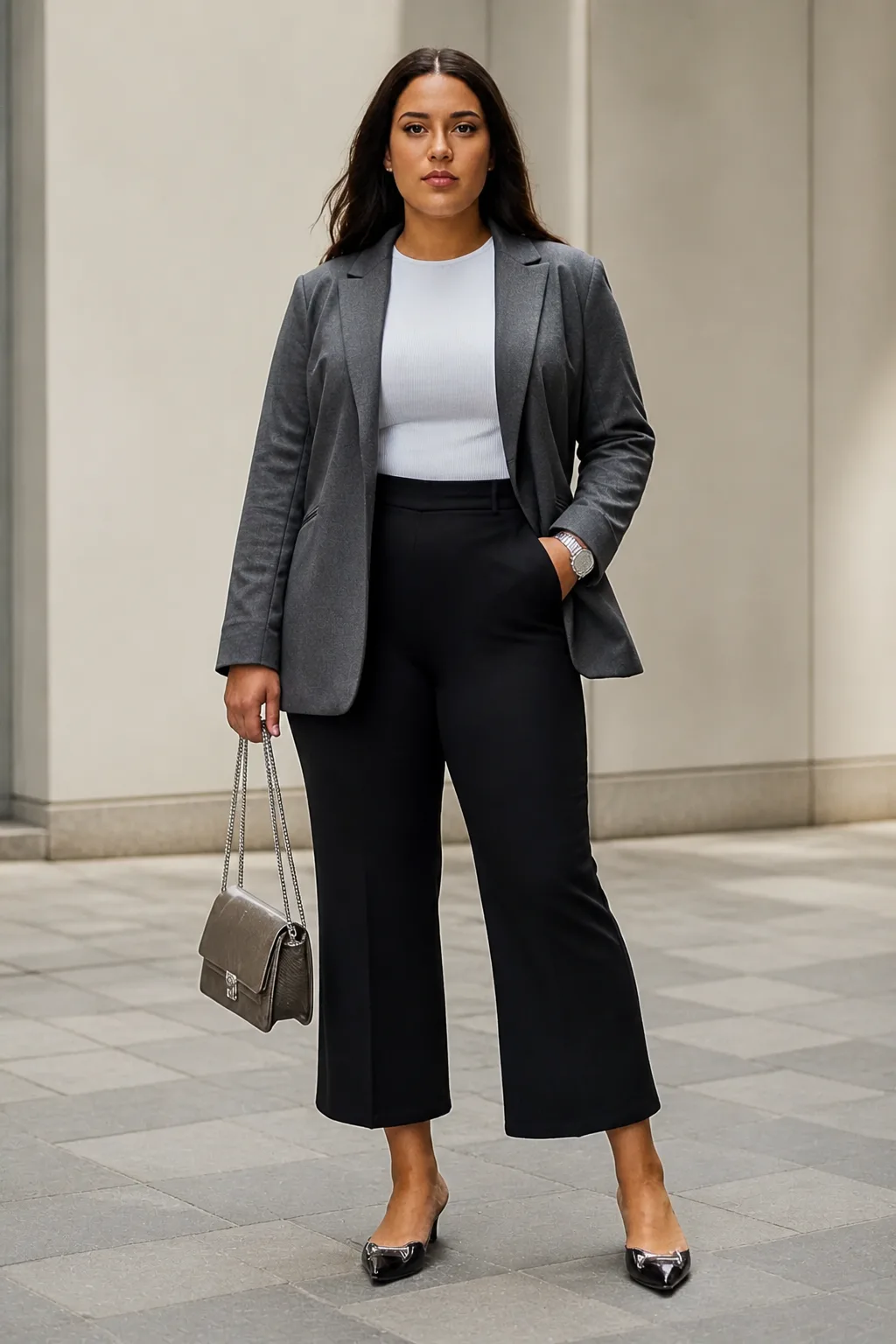 Plus Size New York Knit Blazer and Cropped Pants Fall Outfit