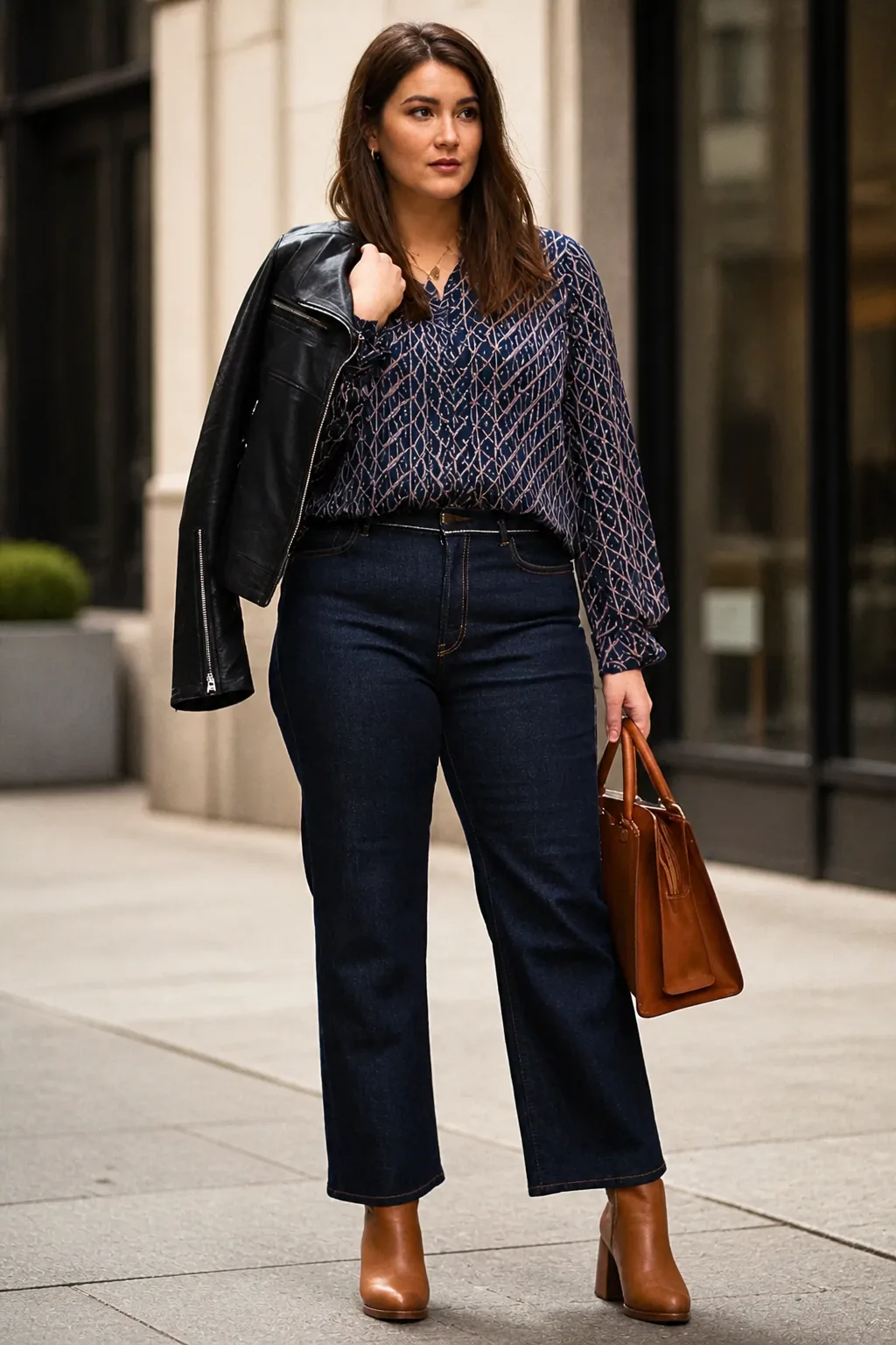 Plus Size New York Printed Blouse and Dark Jeans Fall Outfit