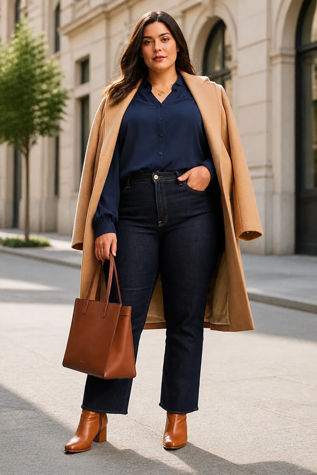 Plus Size New York Silk Blouse and Straight-Leg Jeans Fall Outfit