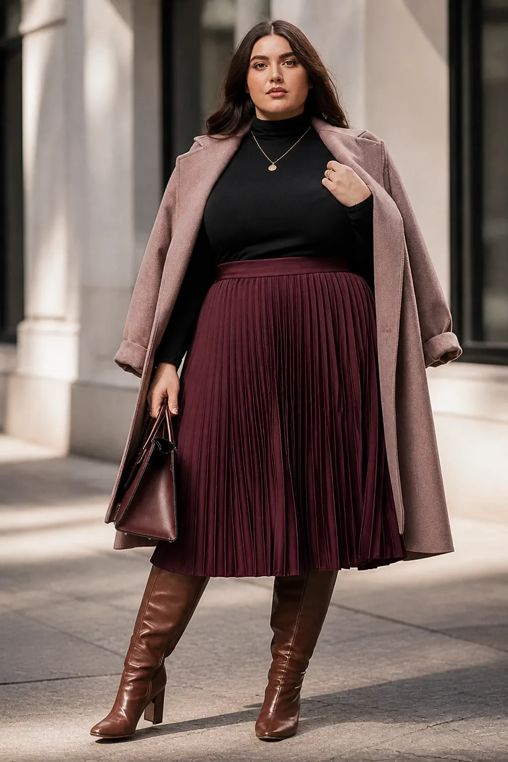 Plus Size New York Turtleneck and Pleated Skirt Fall Outfit