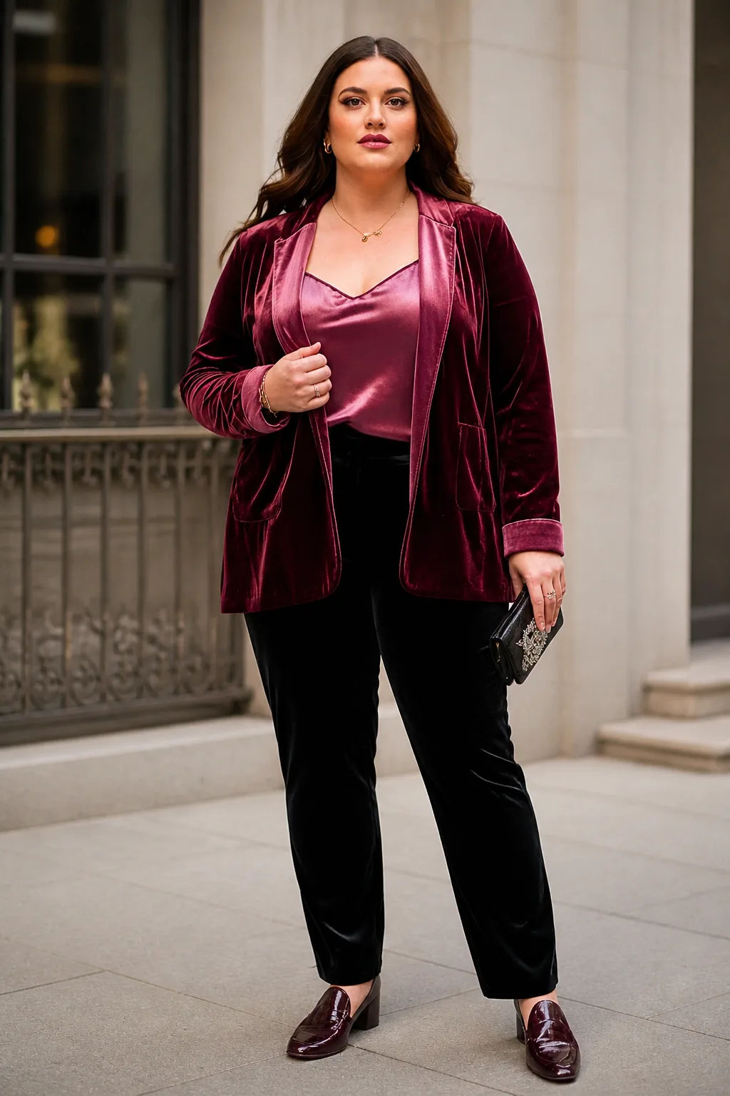 Plus Size New York Velvet Jacket and Slim Pants Fall Outfit