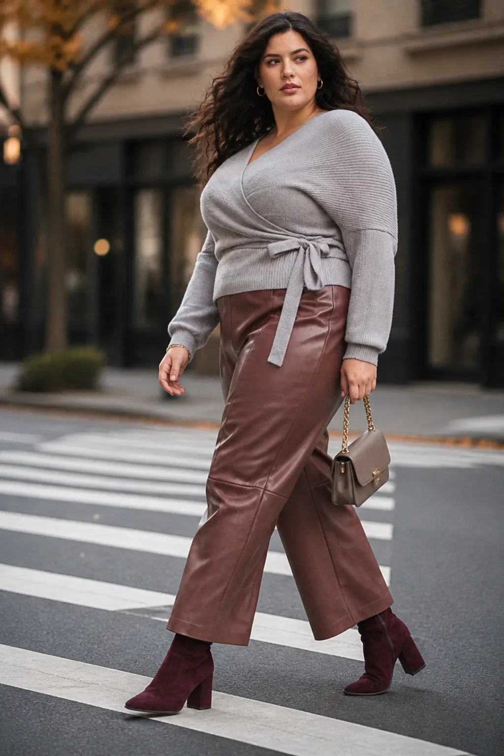 Plus Size New York Wrap Sweater and Leather Pants Fall Outfit