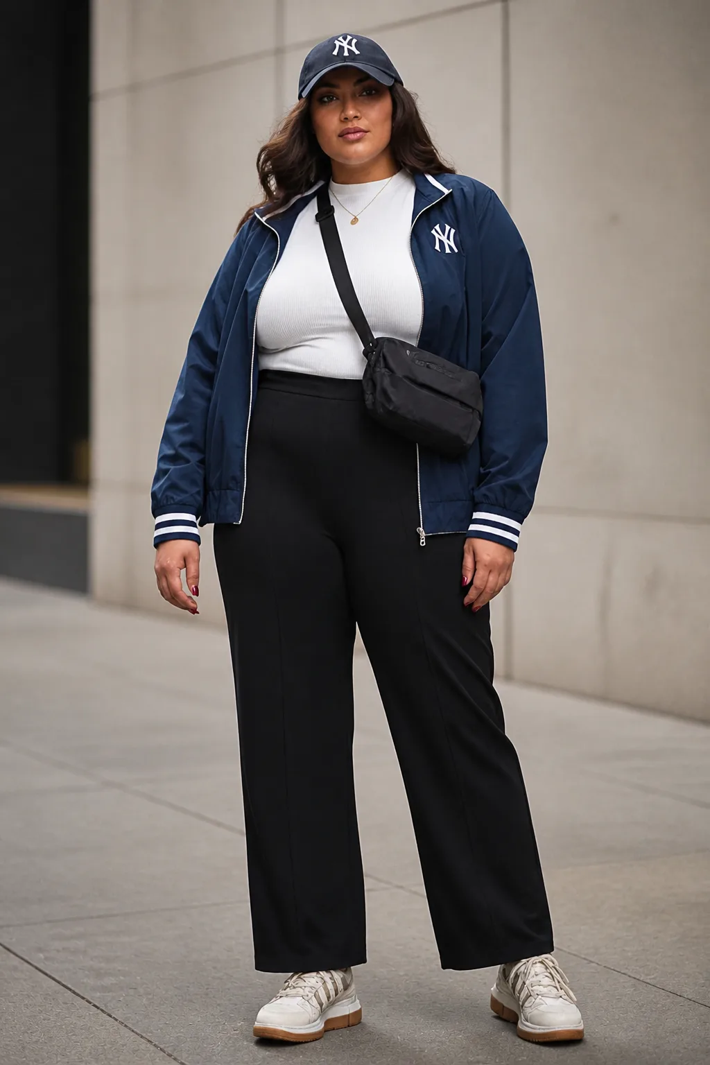 Plus Size New York Zip-Up Jacket and Straight Pants Fall Outfit