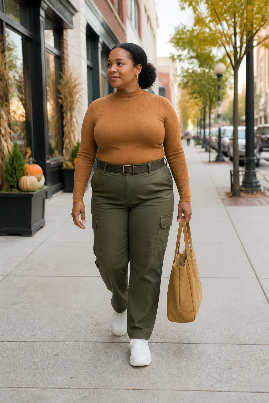 Plus Size Olive Utility Cargo Pants With Fitted Mock-Neck Top Outfit