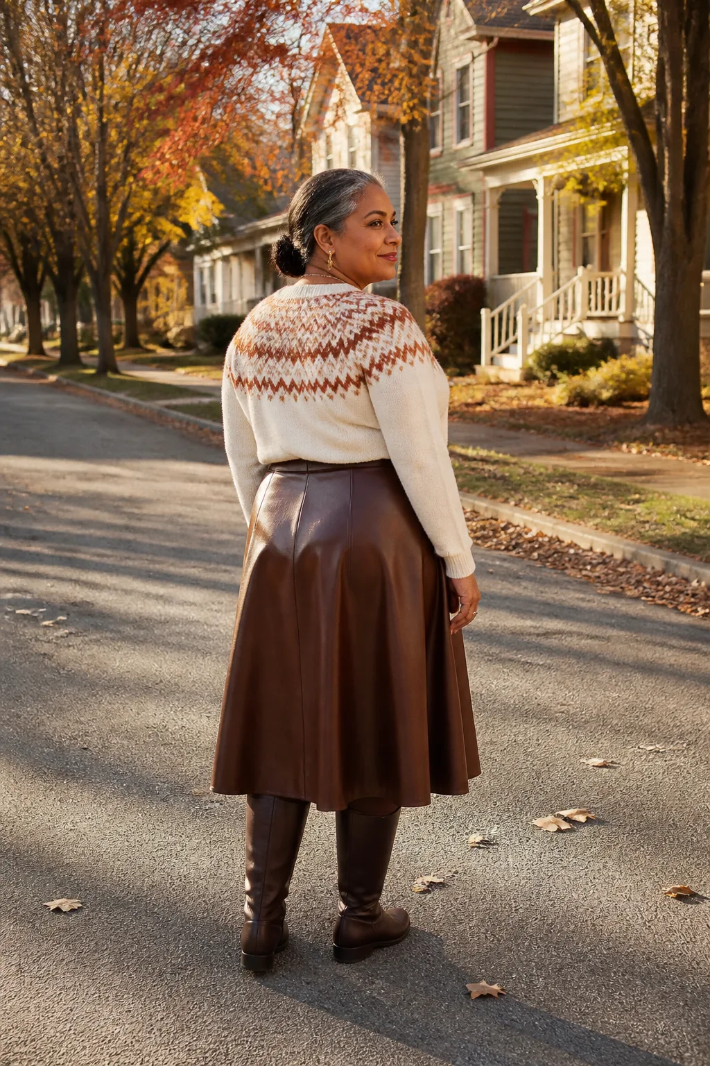 Plus Size Rich Brown Leather Midi Skirt With Cozy Fair Isle Sweater Outfit