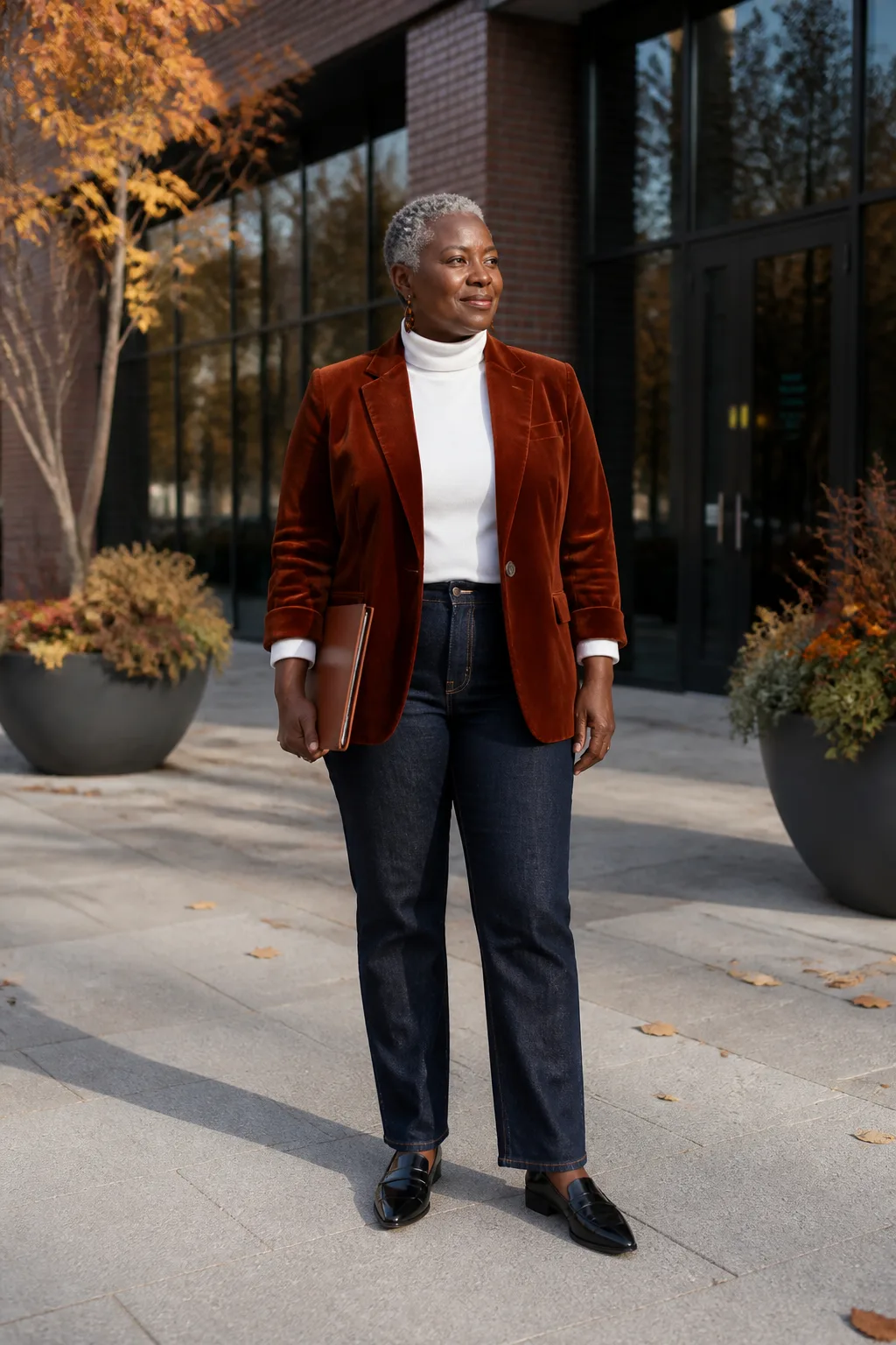 Plus Size Rust Velvet Blazer With Straight-Leg Dark Denim Outfit
