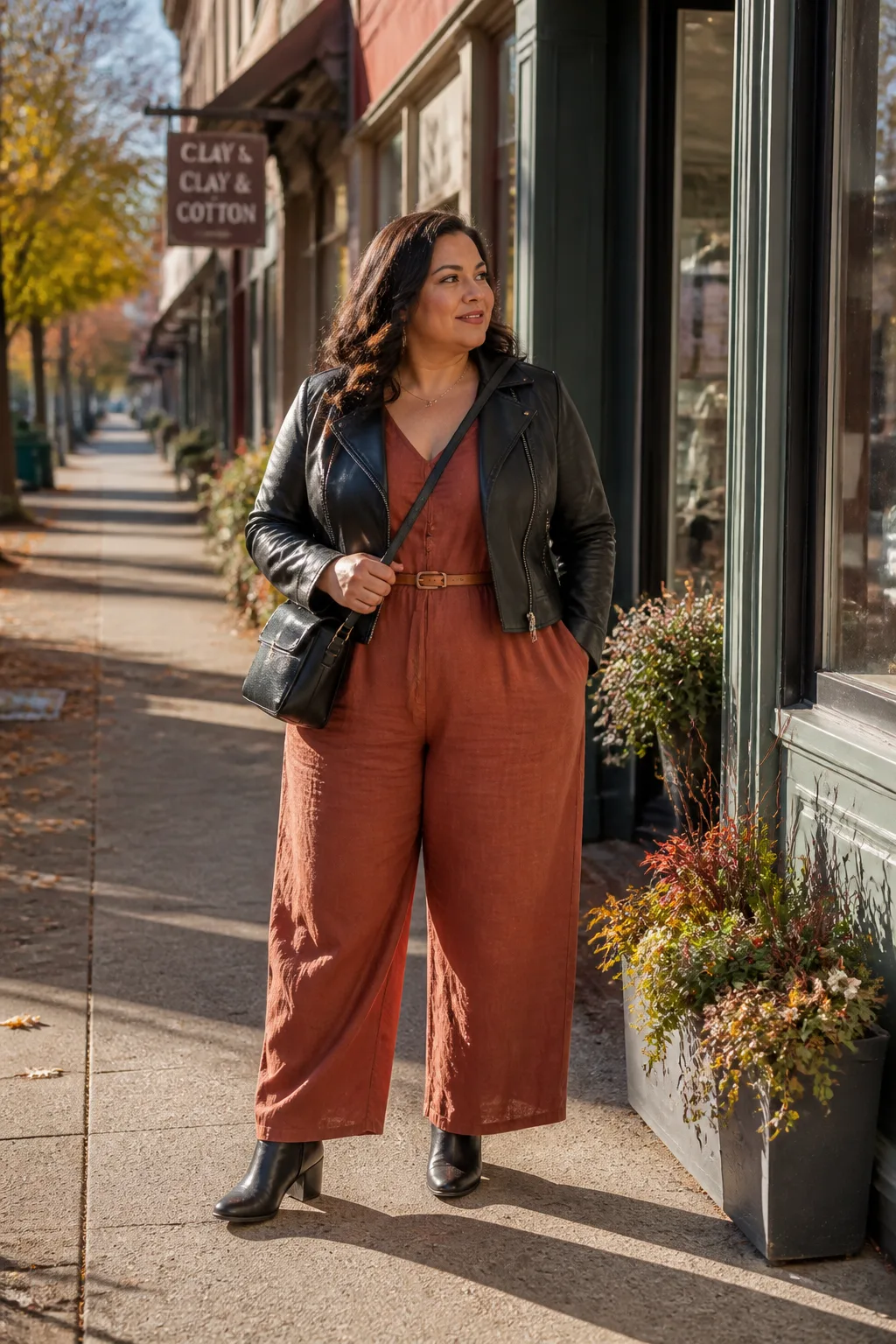 Plus Size Terracotta Linen Wide-Leg Jumpsuit With Moto Jacket Outfit