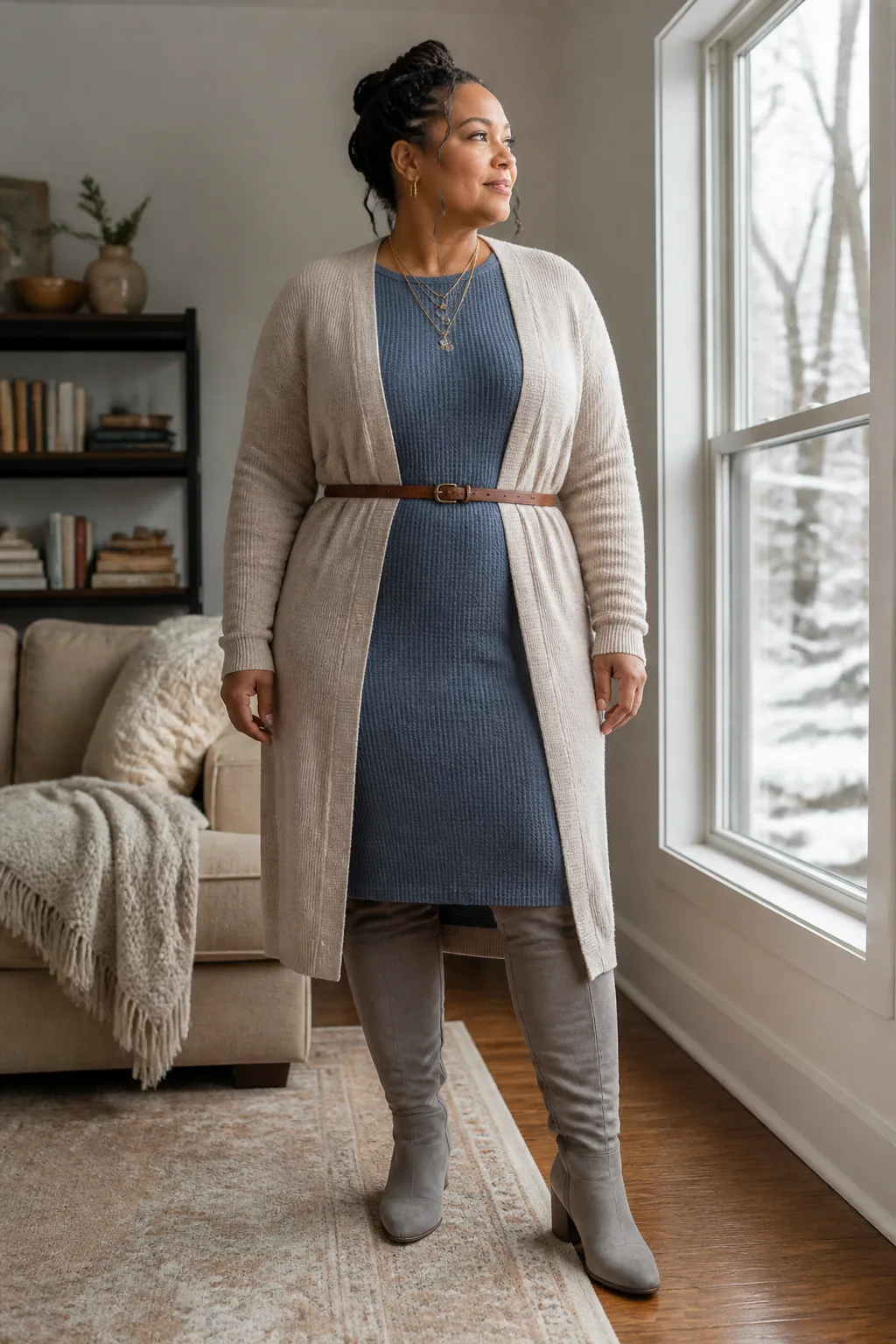 Plus Size Thermal Waffle Knit Dress Winter Outfit