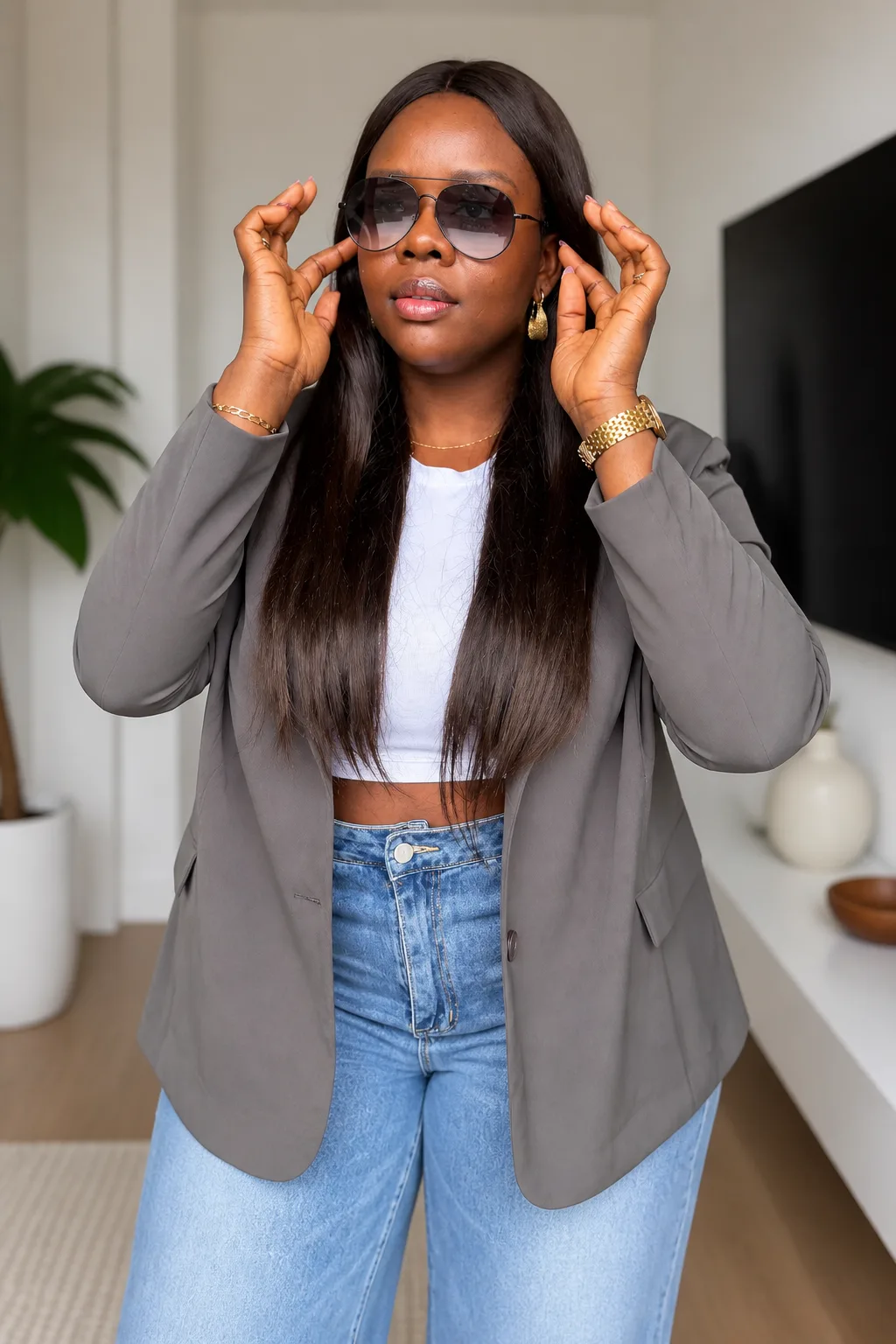 Polished blazer and jeans transition outfit