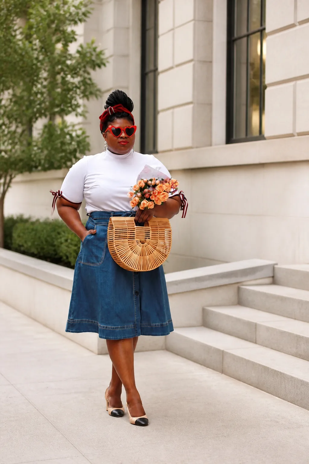 Polished Denim Midi Skirt Ensemble