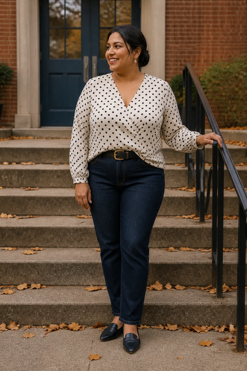 Polka Dot Blouse and Dark Wash Jeans