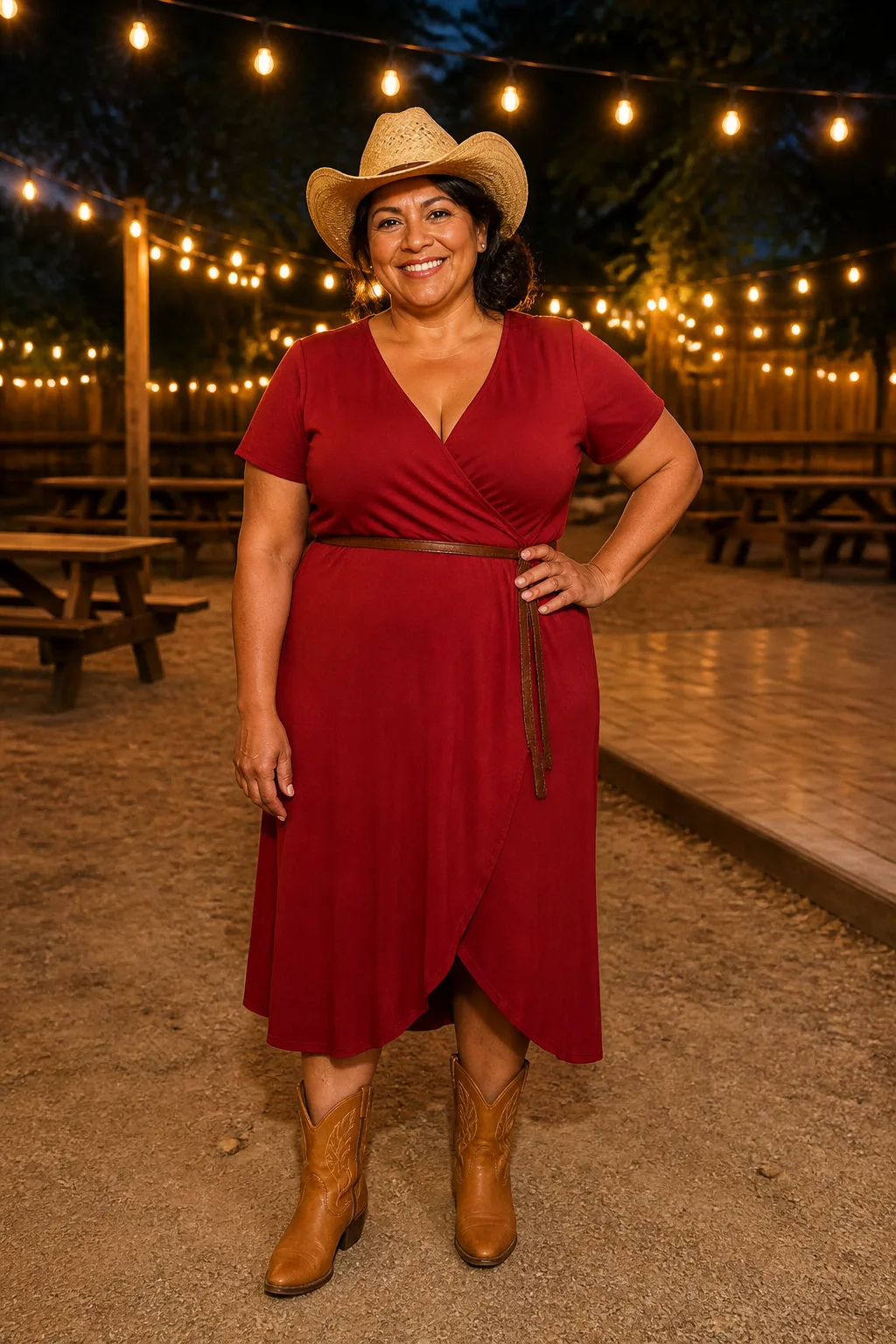 Red Dress and Cowboy Hat Look