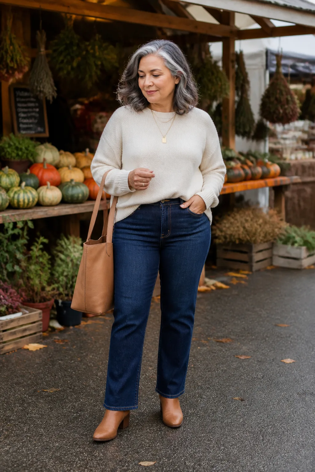 Relaxed Cream Sweater and Dark Denim Look