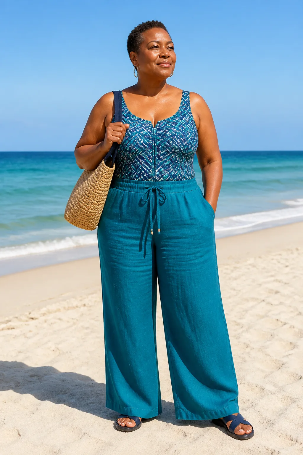 Relaxing Beachside Vibes in a Patterned Swimsuit