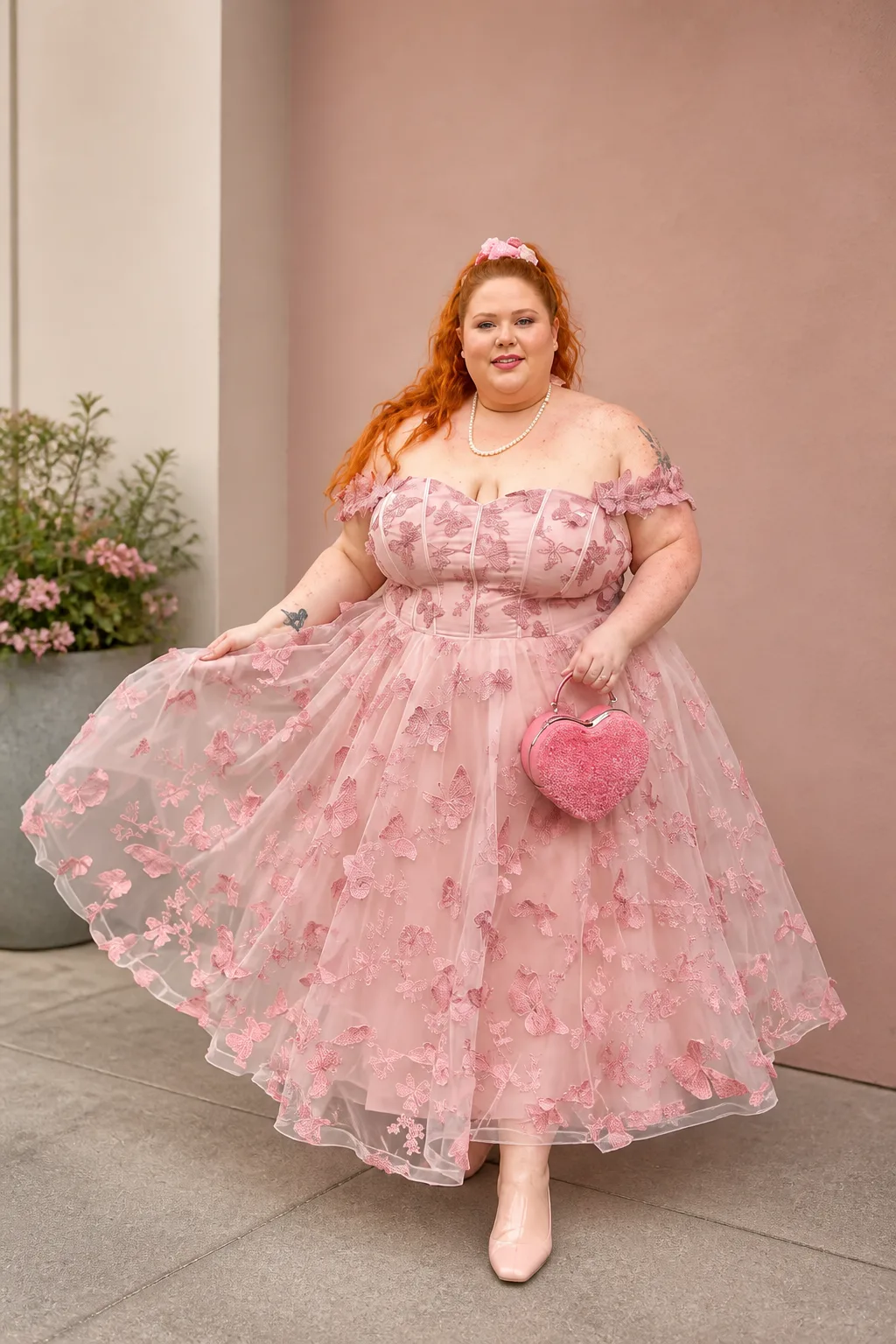 Romantic Pink Butterfly Tulle Gown