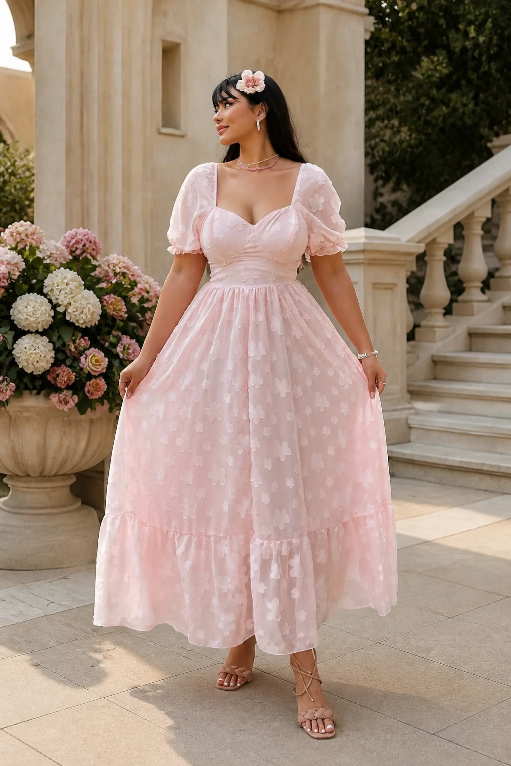 Romantic Pink Puff-Sleeve Maxi Dress