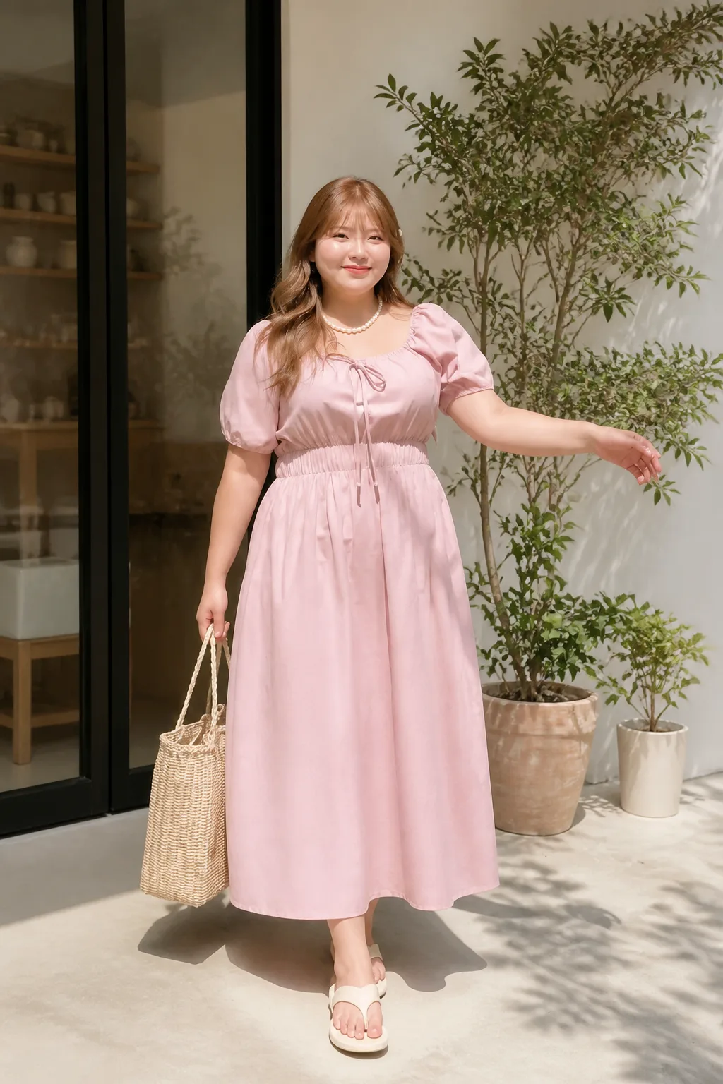 Romantic Pink Puff-Sleeve Maxi Dress