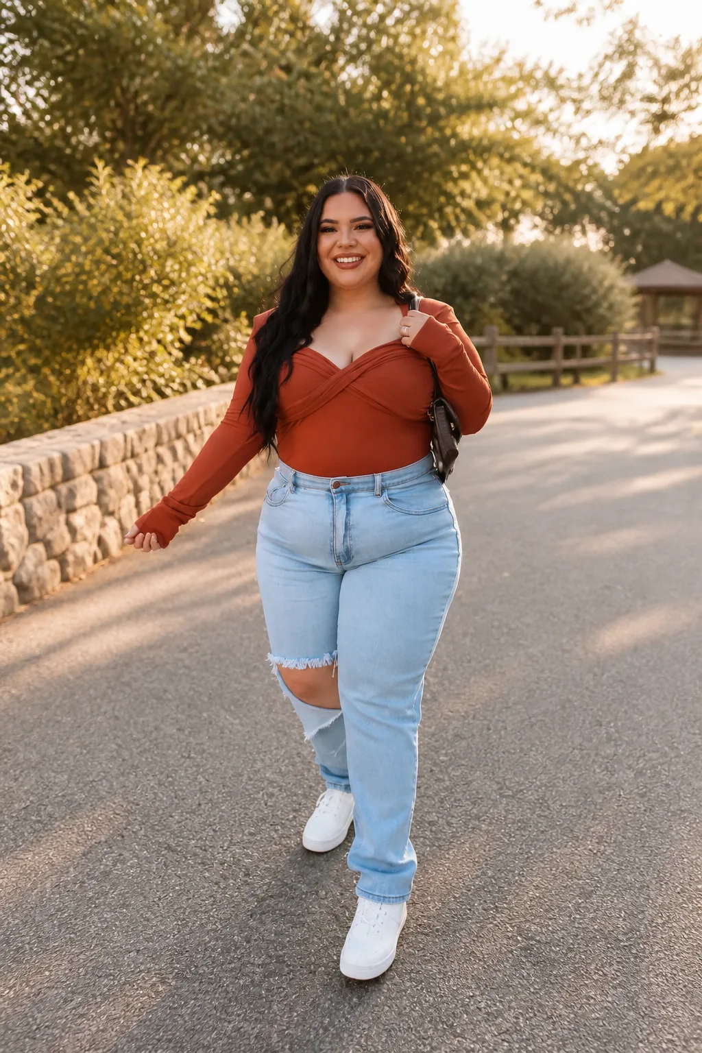 Rust Top and Light Wash Jeans