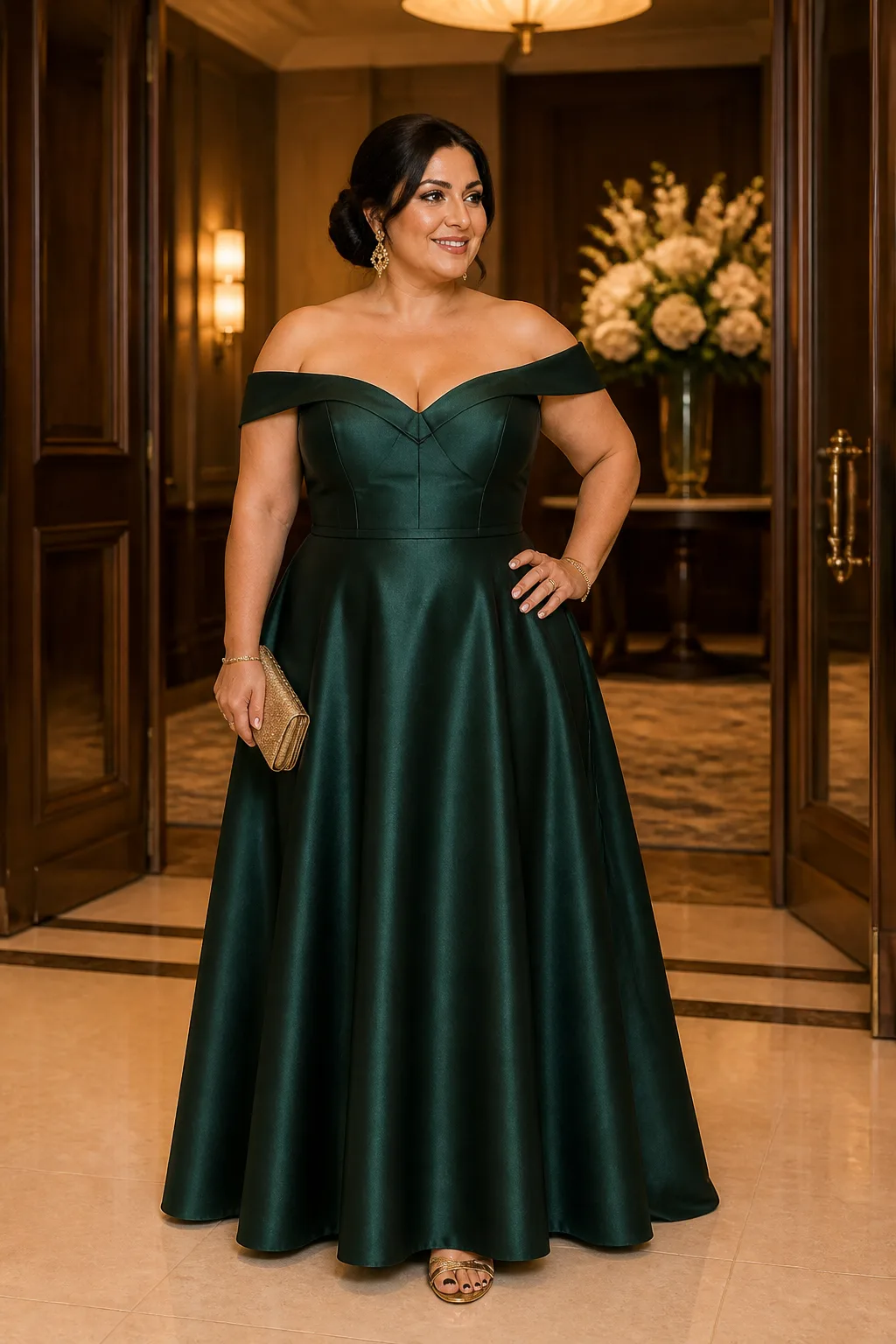 Satin Off-Shoulder Green Floor-Length Dress