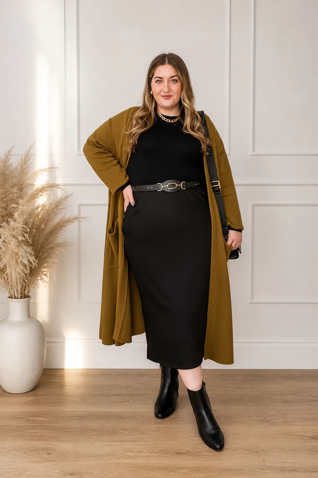 Sleek Black Dress with Statement Coat