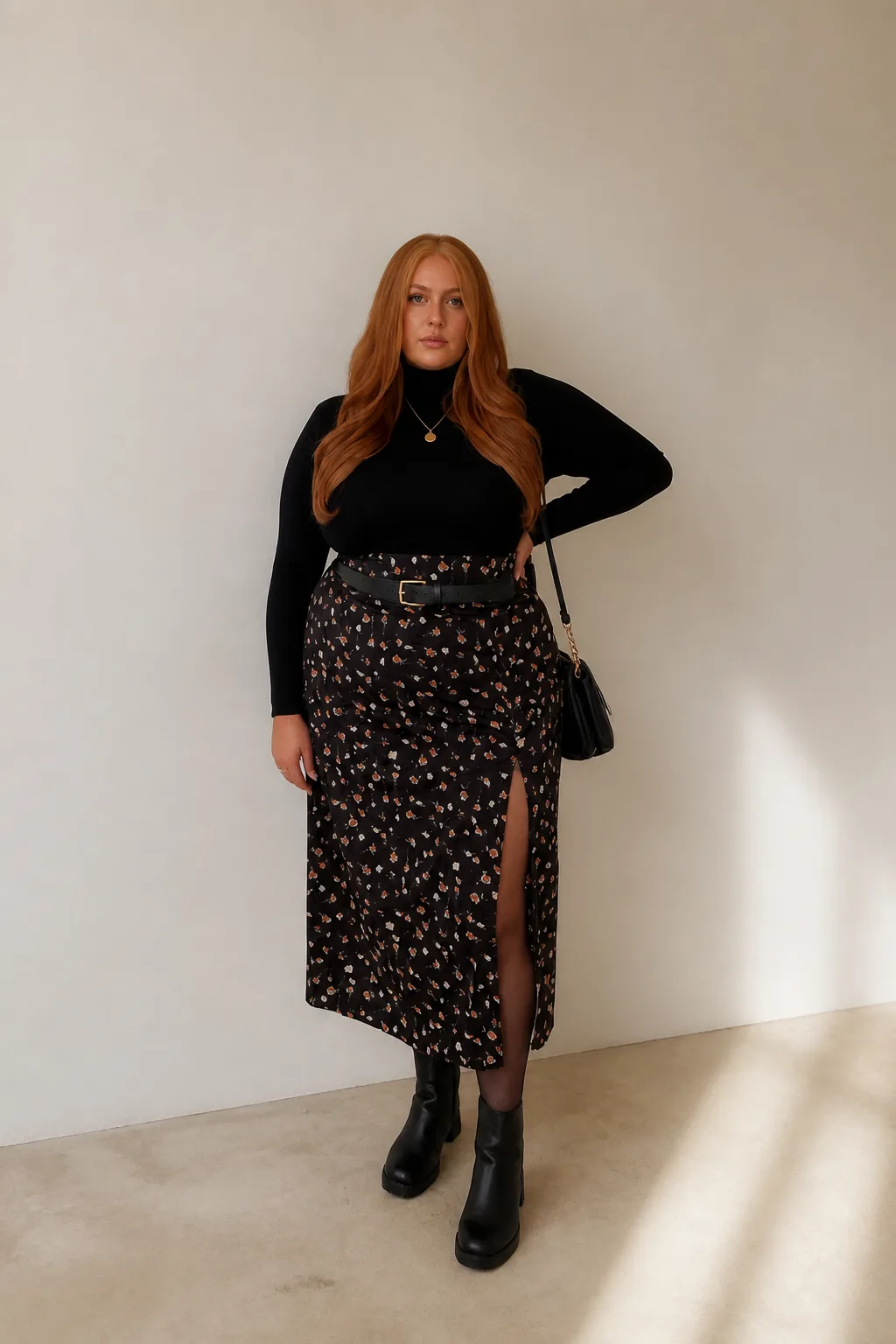 Sleek Turtleneck and Patterned Midi Skirt