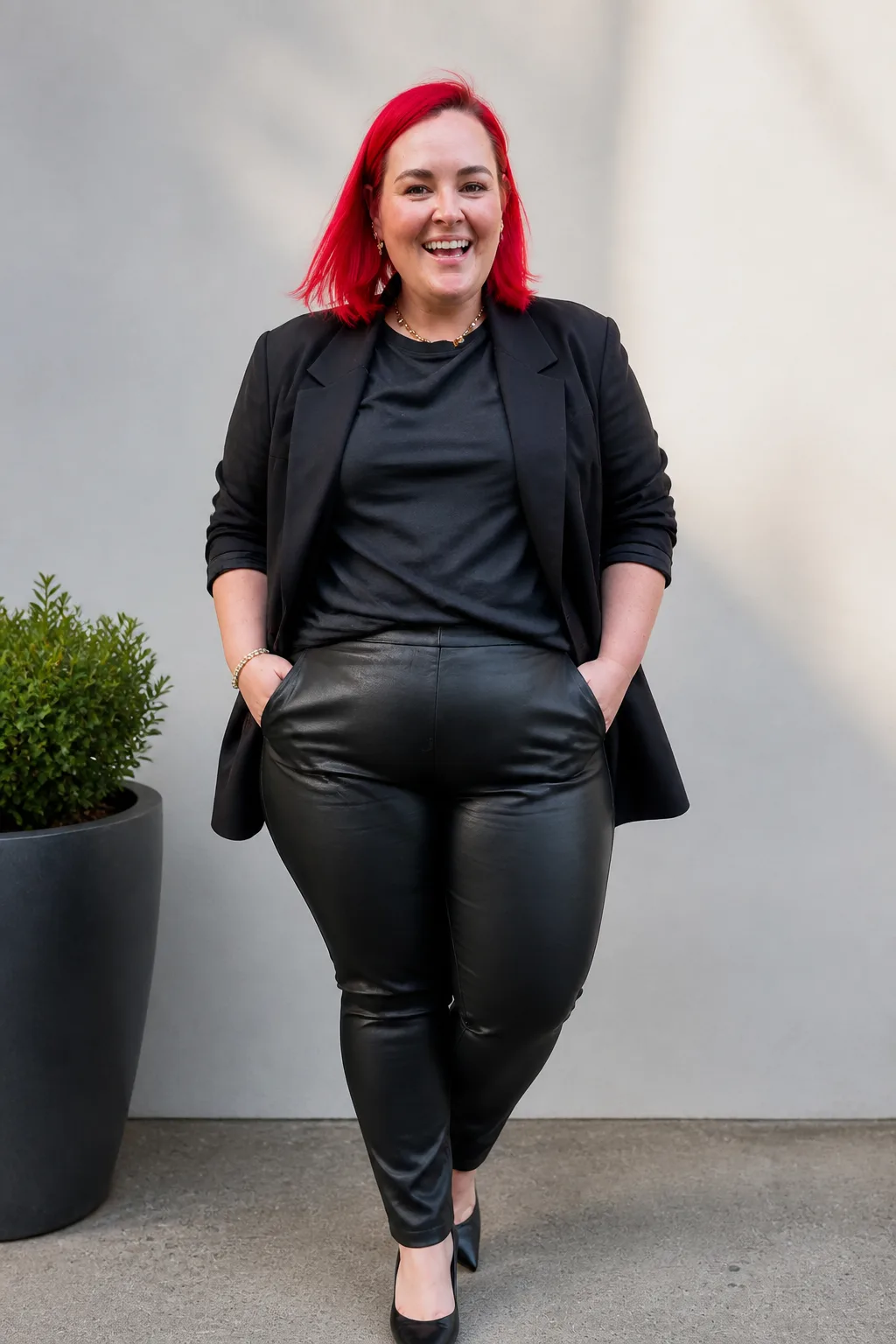 Sophisticated Black Blazer and Leather Trouser Ensemble