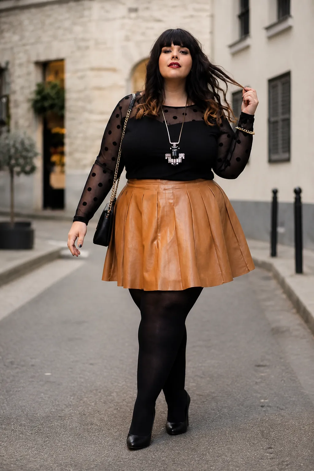 Sophisticated leather mini skirt ensemble