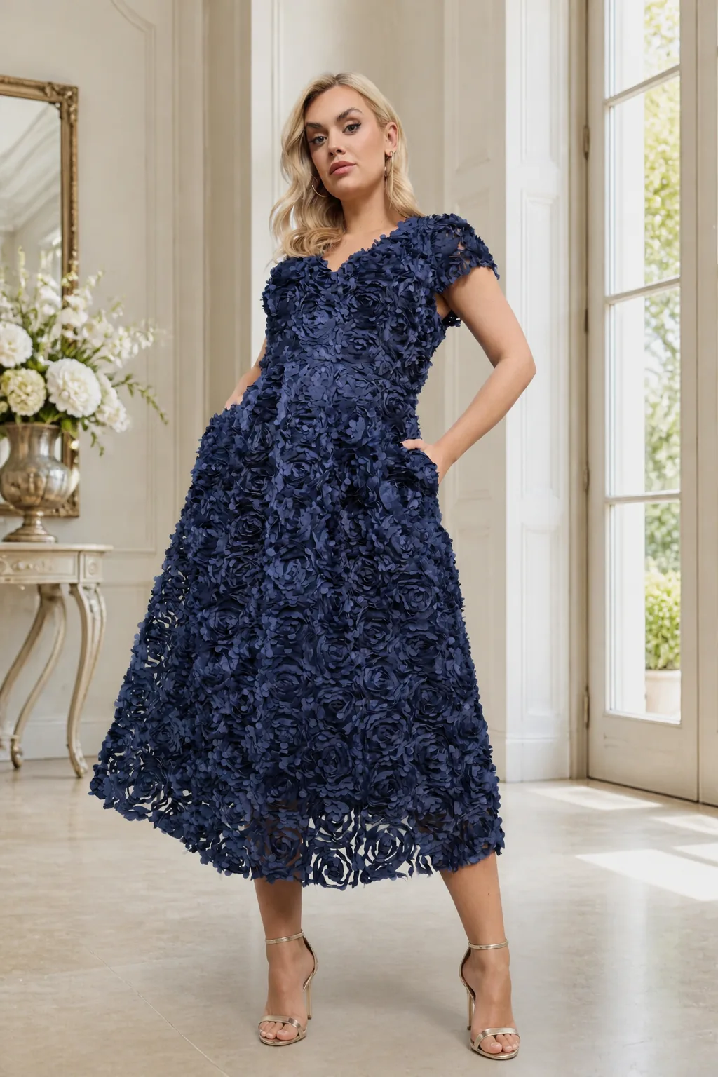 Sophisticated Navy 3D Floral Midi Dress
