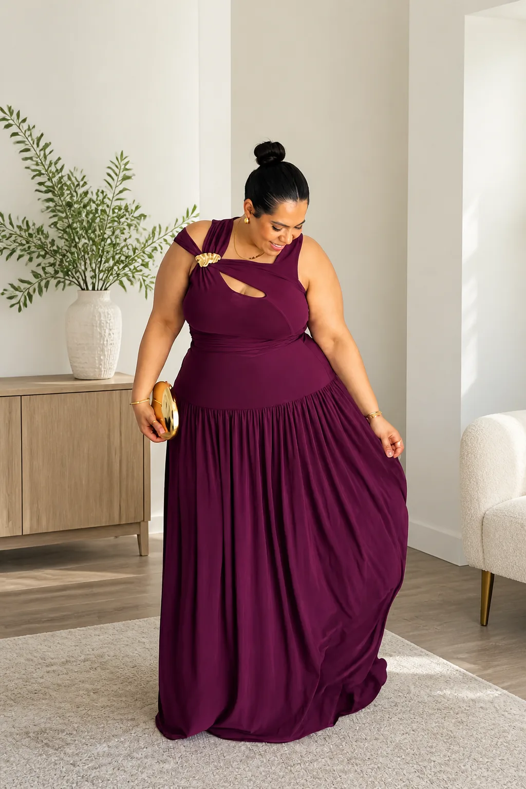 Sophisticated plum floor-length wedding guest gown
