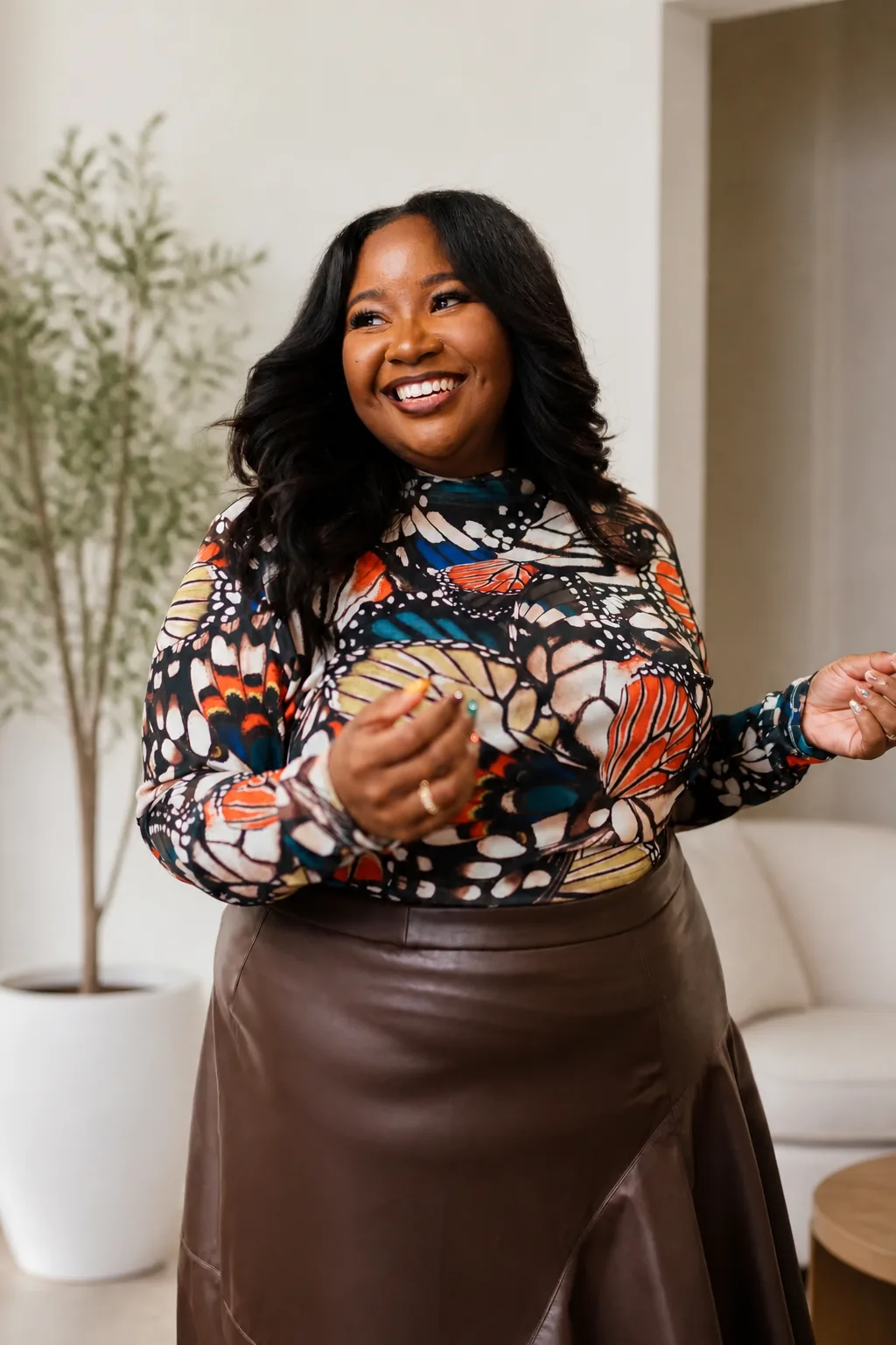 Sophisticated Printed Mock Neck and Midi Skirt Combo