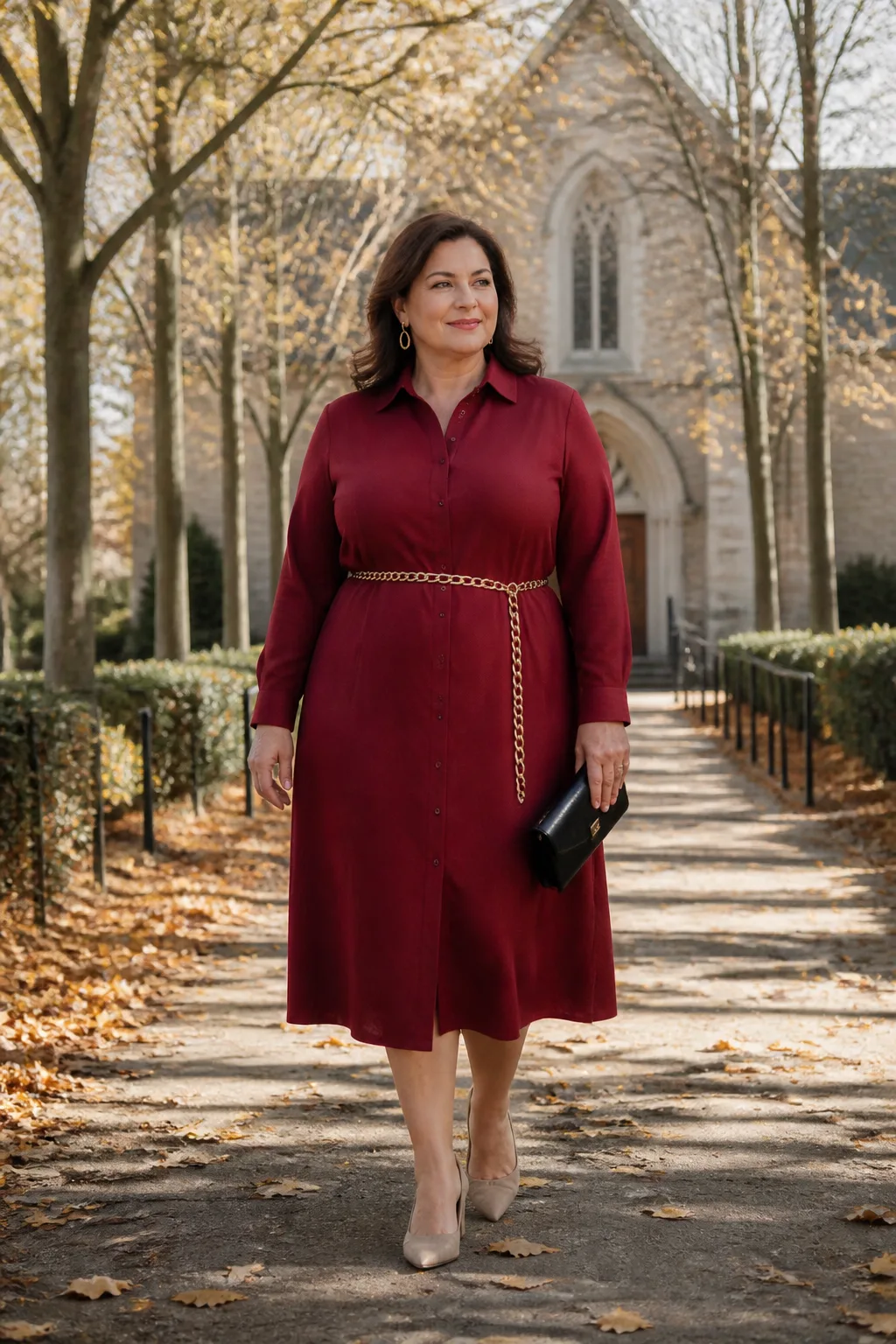 Sophisticated Red Midi Shirt Dress for Sunday Best