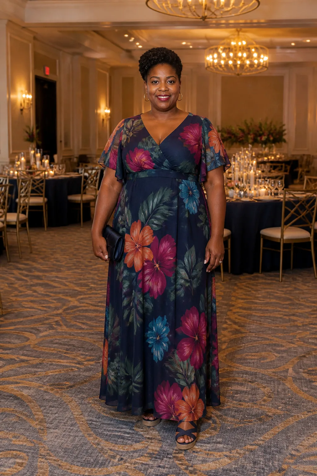 Striking Floral Print Chiffon Gown