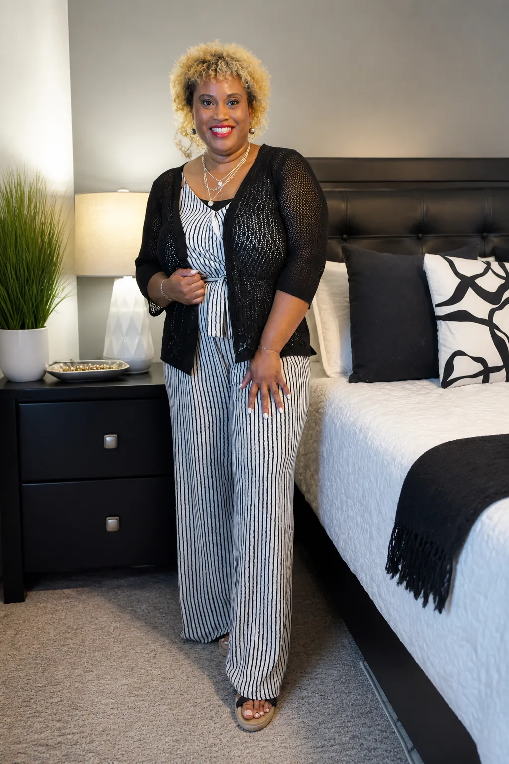 Striped Jumpsuit with Layered Cardigan