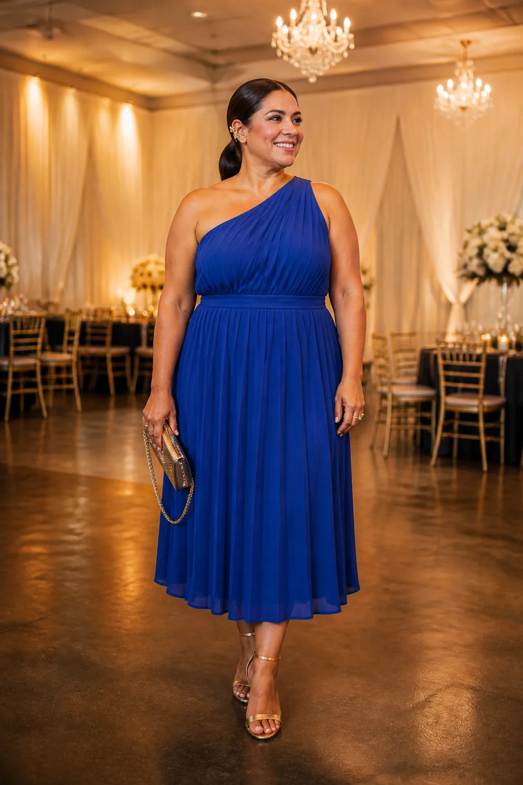 Stunning Royal Blue Pleated One-Shoulder Dress