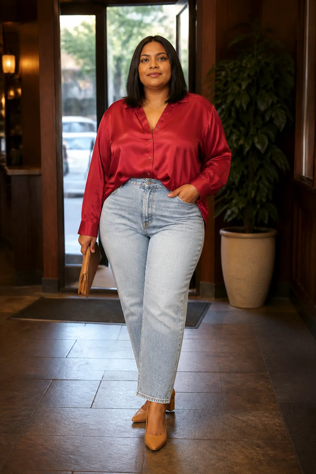 Stylish Red Blouse and Light Wash Denim