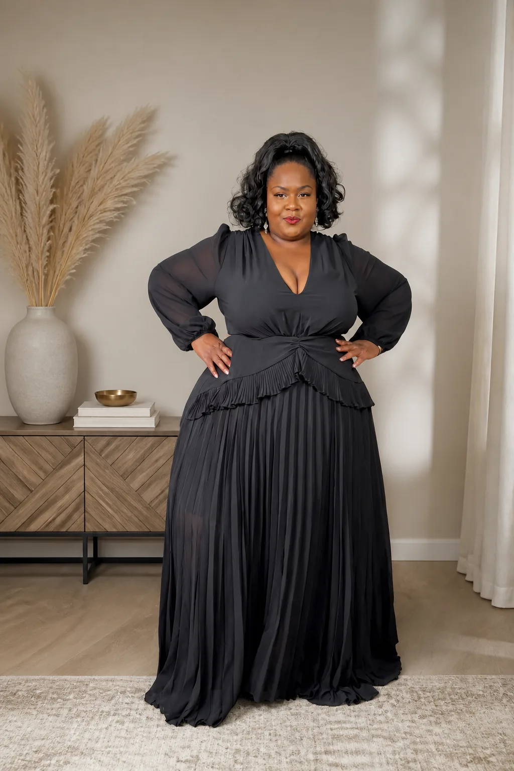 Timeless black pleated evening gown