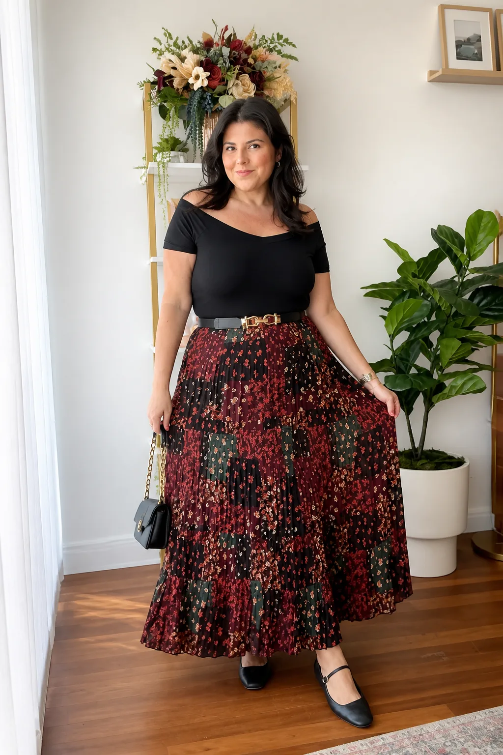 Transitional Fall Outfit with a Printed Skirt