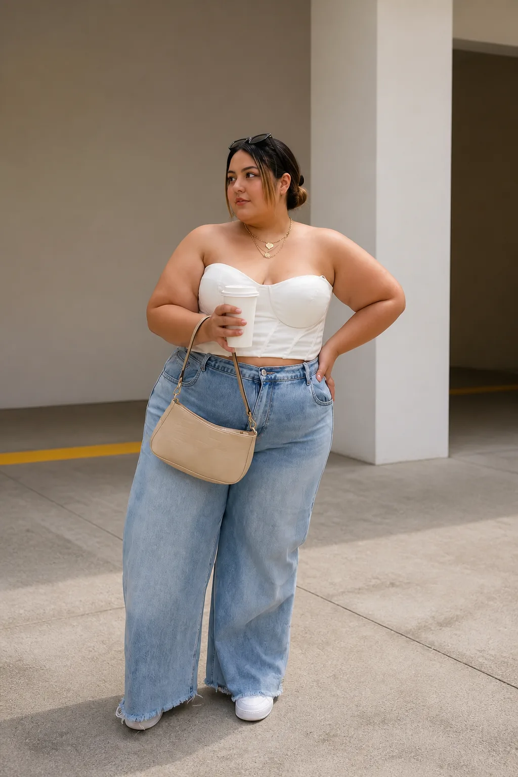 Trendy Bustier and Wide-Leg Denim