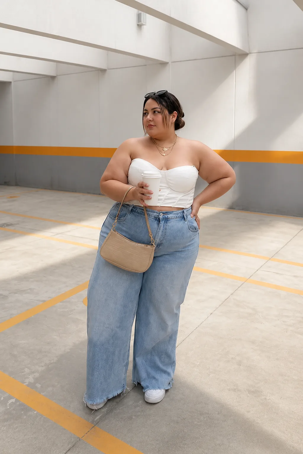 Trendy Casual White Corset and Wide-Leg Denim
