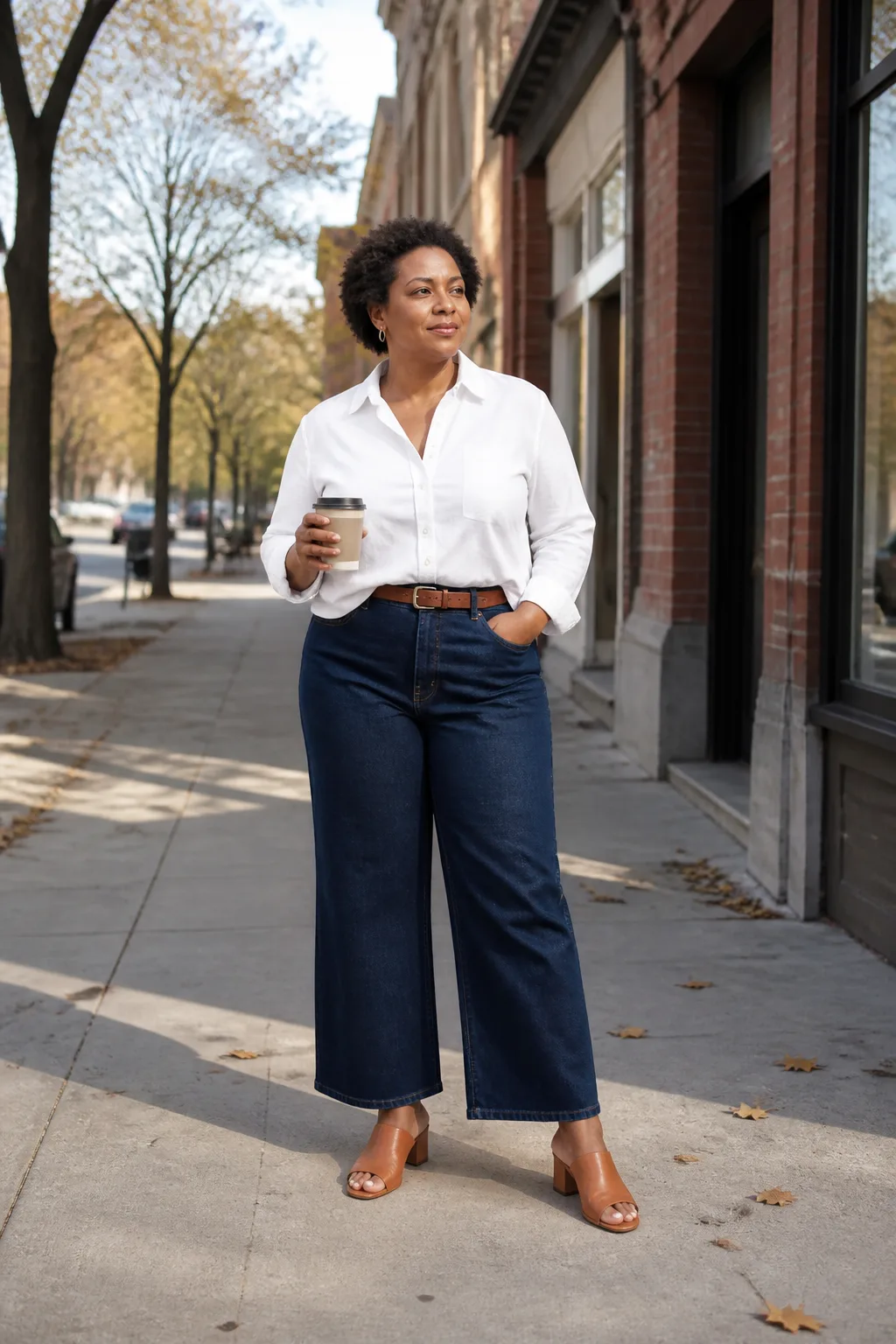 Trendy dark wash wide-leg denim fit