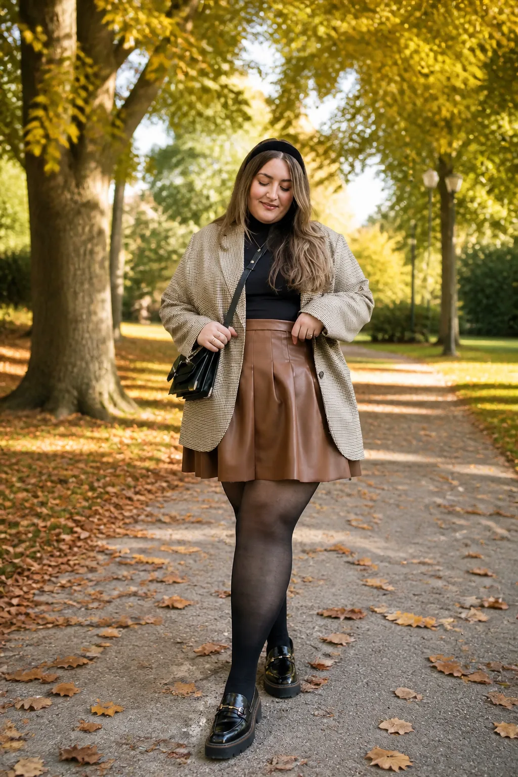 Trendy Leather Skirt and Blazer Autumn Outfit