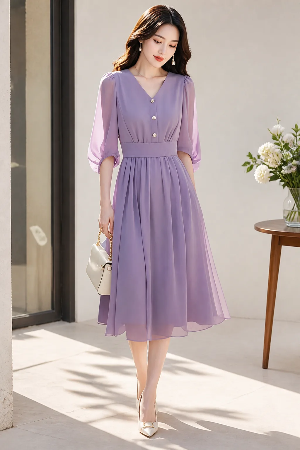 V-Neck Lilac Chiffon Dress
