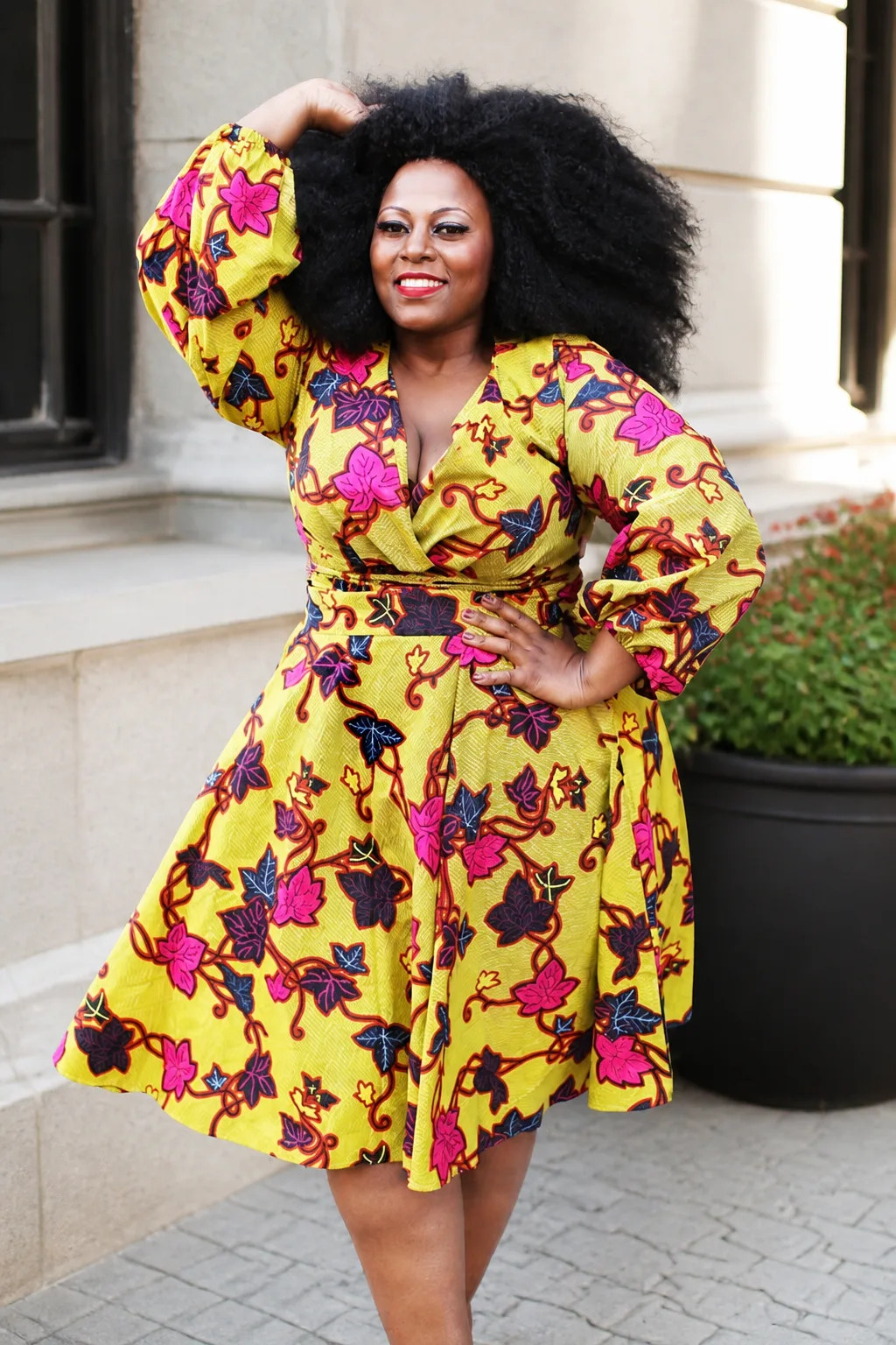 Vibrant floral wrap dress styling