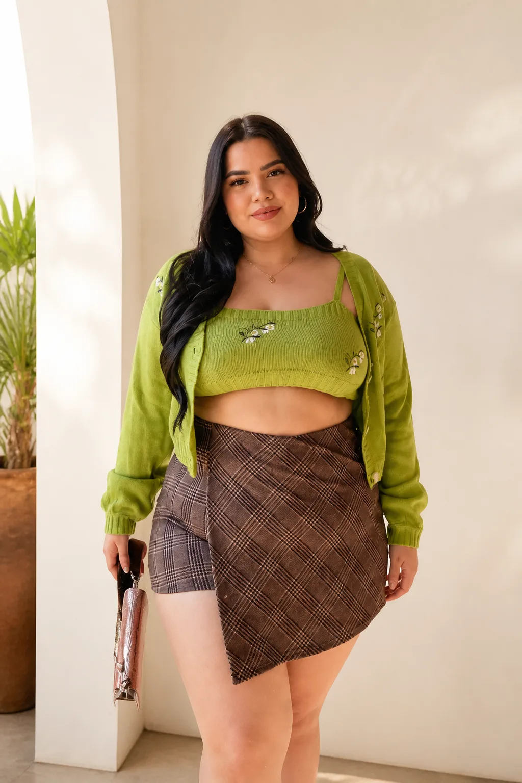 Vibrant Green with Plaid Skirt