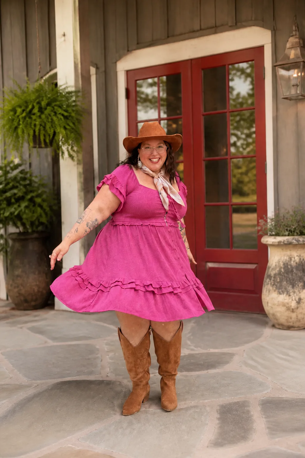 Vibrant Pink Western Dress and Leather Boot Look